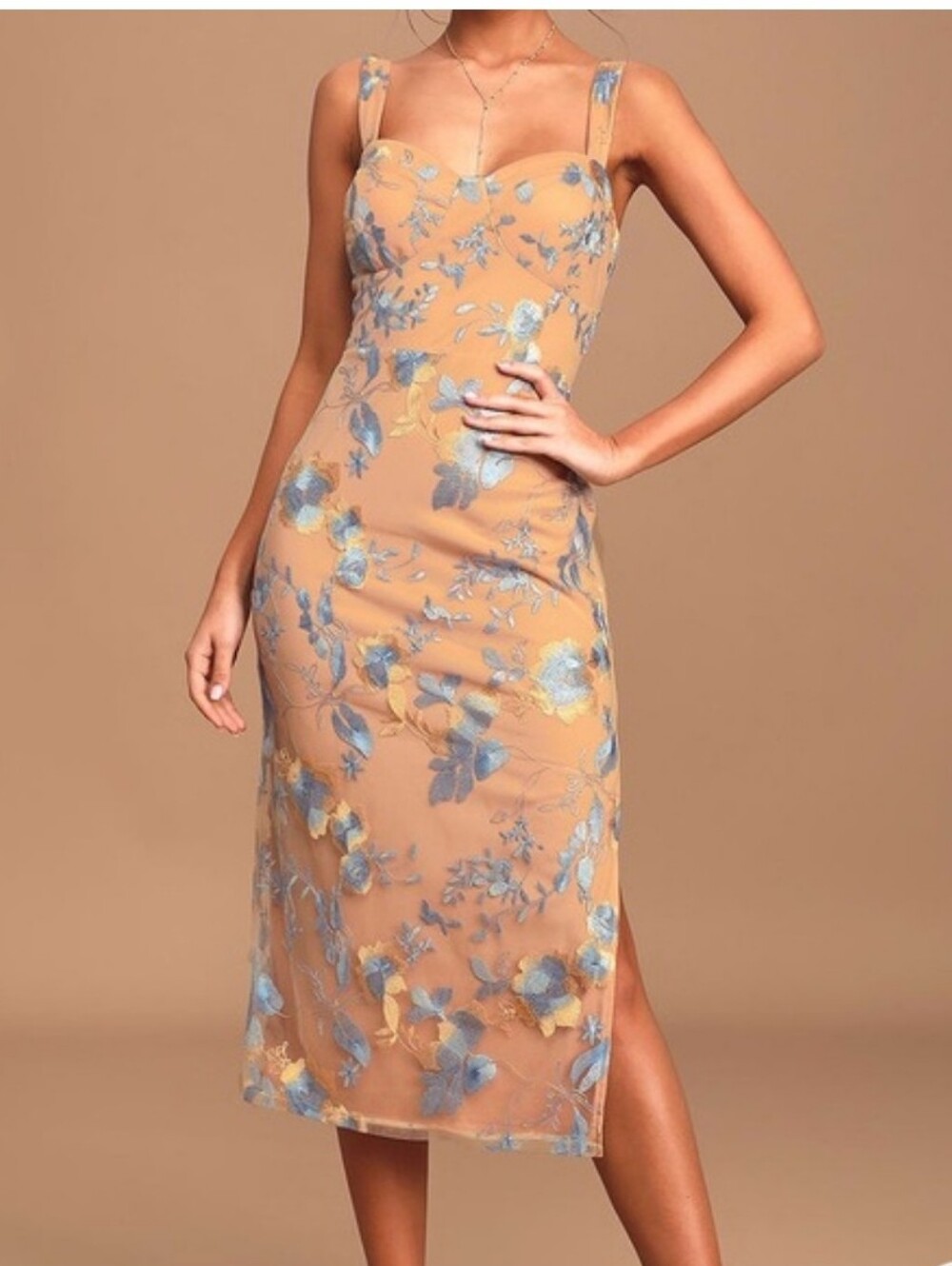 Lulus Sleeveless Floral Embroidered Watch Me Now Midi Dress - Nude & Light Blue